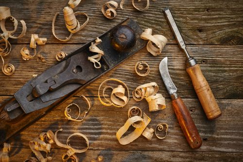 an overhead view of woodworking tools