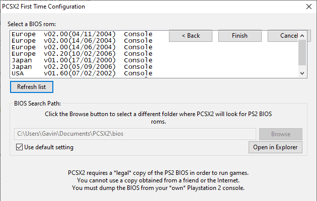 PCSX2 BIOS config with regions