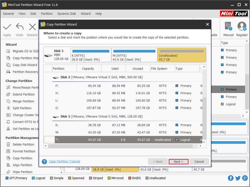 select destination disk