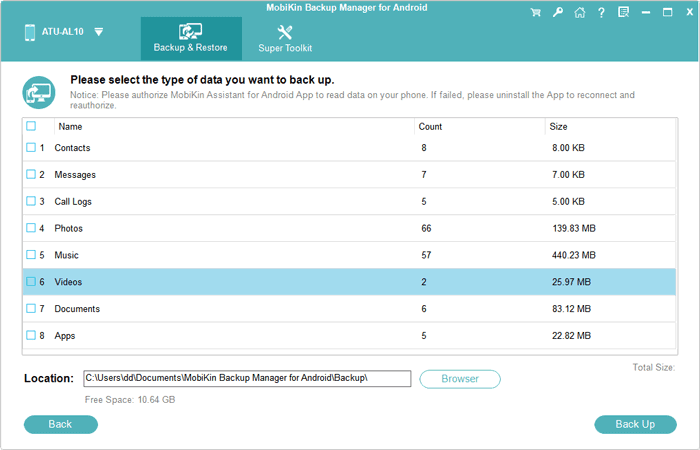 select data to back up